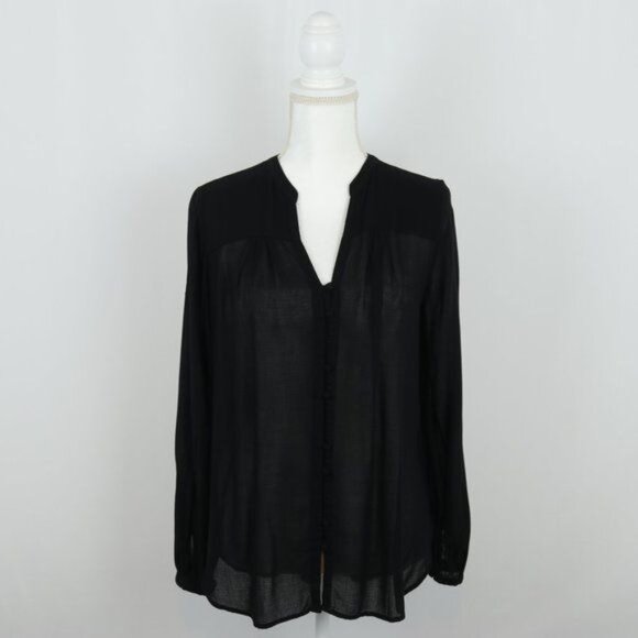 Lucky Brand Women's Small Black Semi-Sheer Pleated V-Neck Button Up Shirt - Picture 1 of 6
